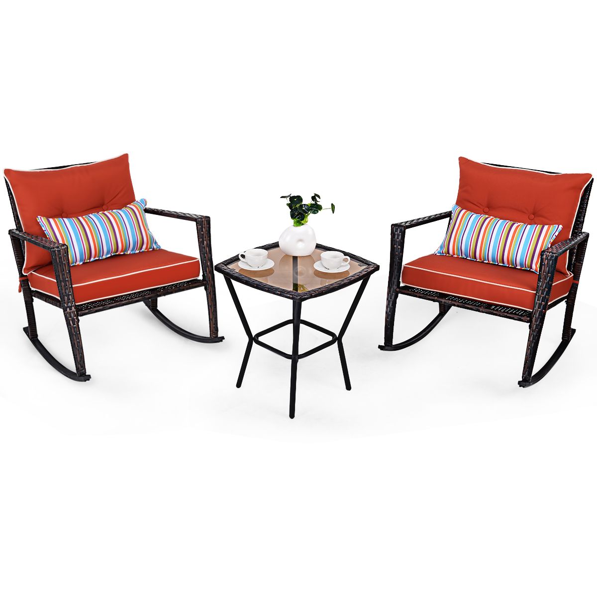 Ensemble de Jardin avec 2 Fauteuils  Bascule et 1 Table Basse en Verre Tremp Tous Coussins Inclus en Rotin PE -