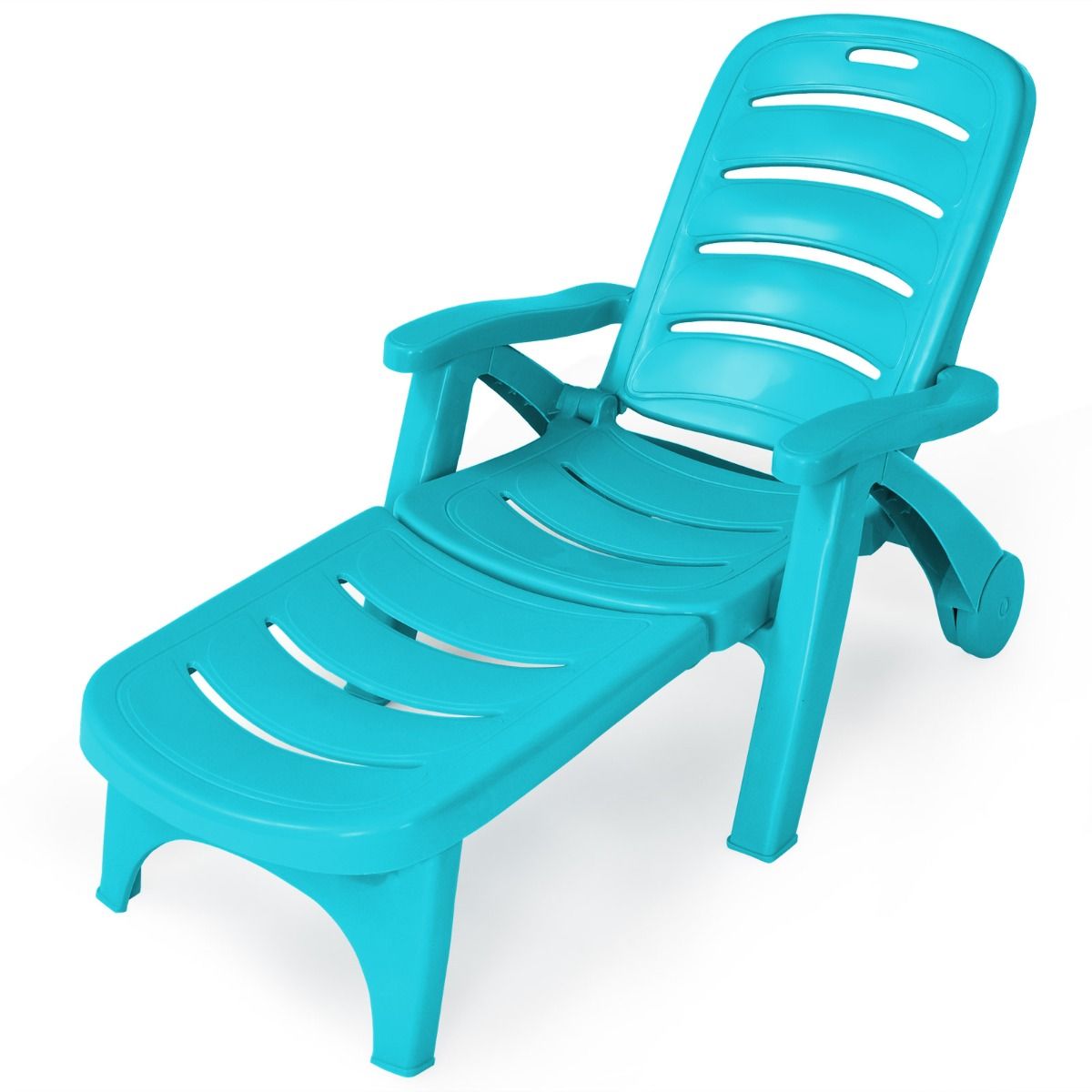 Chaise Longue Pliable Dossier Inclinable à 5 Positions avec Roues Intégrées pour Terrasse Jardin Piscine 150 kg Gris/Blanc/Bleu -