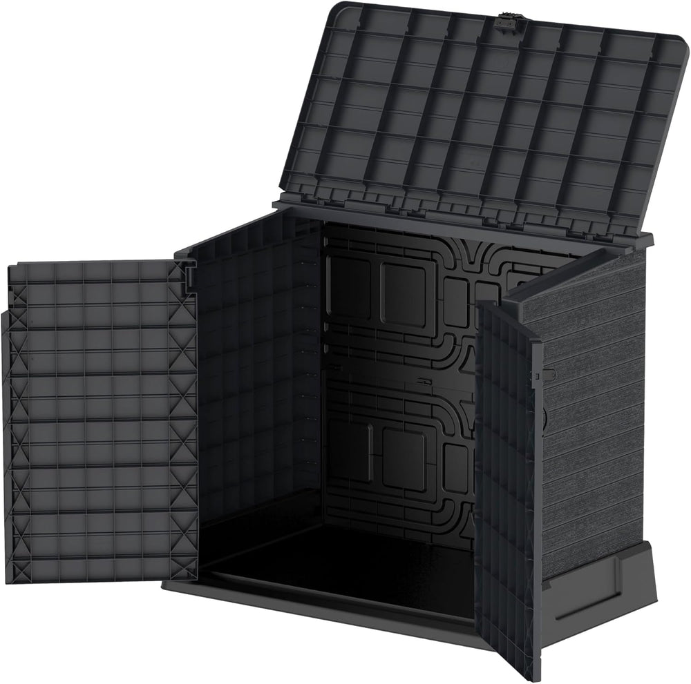 Duramax StoreAway 1200L Plastic Garden Shed/ Flat Lid,Outdoor Storage Shed,Wheelie Bin Hideaways,Wheelie bin box,Durable Construction,Ideal for Bikes,BBQs & 2x 240L Bins,145x85x125 cm,Brown