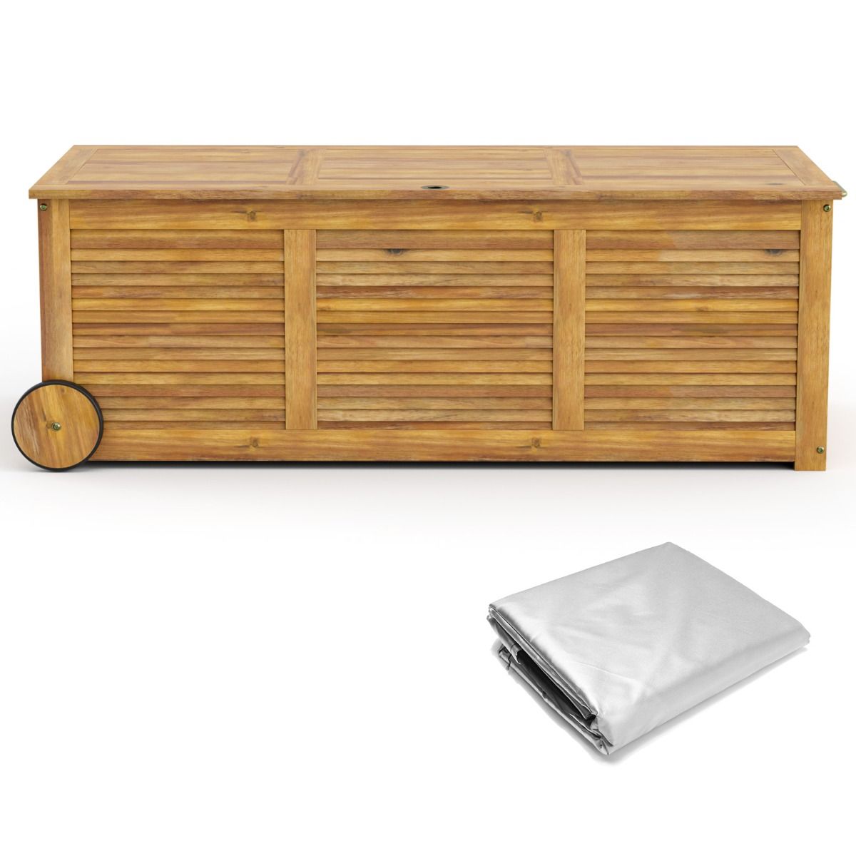 Coffre de Rangement 182L en Bois d’Acacia Charnière en Métal Banc de Rangement à Roulettes Extérieur pour Jardin Patio -