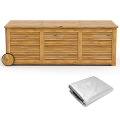 Coffre de Rangement 182L en Bois d’Acacia Charnière en Métal Banc de Rangement à Roulettes Extérieur pour Jardin Patio -