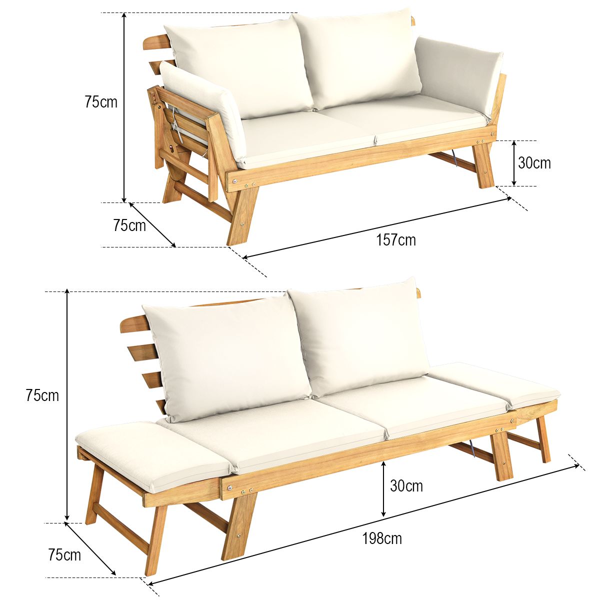 Chaise Longue Convertible avec Coussin Canapé de Jardin 2 en 1 en Bois d’Acacia avec Accoudoir Réglable pour Patio Piscine Jardin Blanc/Gris/Bleu/Rouge -