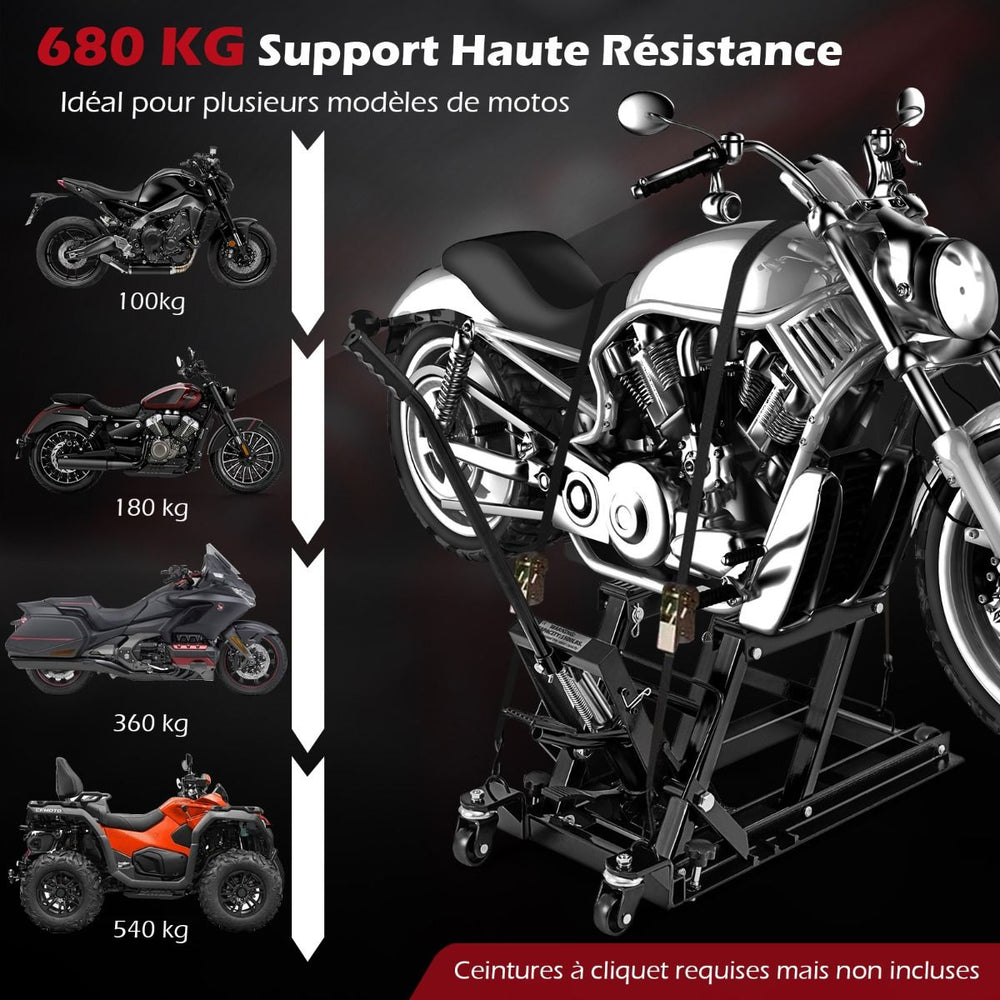 Cric Hydraulique pour Moto Capacité de 680 kg Table Élévatrice Moto Plateforme Réglable en Hauteur sur 3 Niveaux Rouge/Noir -