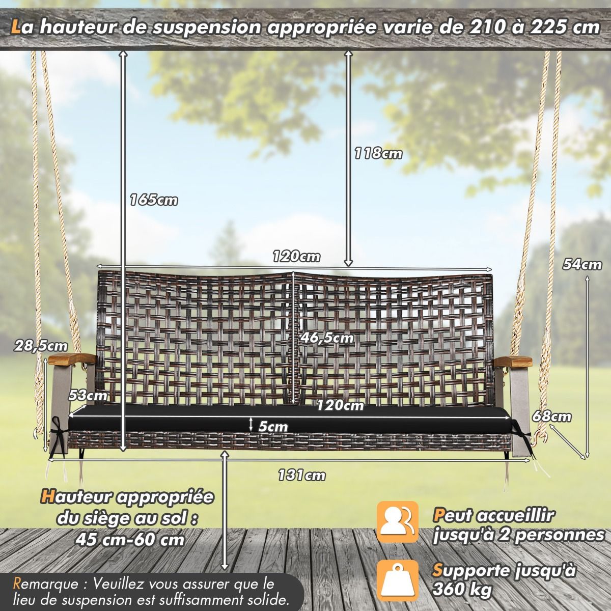 Banc Suspendu de Jardin en Rotin 2 Place Accoudoirs en Bois d'Acacia Cadre en Mtal Coussin Cordes Crochets Blanc/Noir -