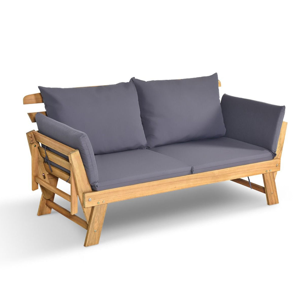 Chaise Longue Convertible avec Coussin Canapé de Jardin 2 en 1 en Bois d’Acacia avec Accoudoir Réglable pour Patio Piscine Jardin Blanc/Gris/Bleu/Rouge -