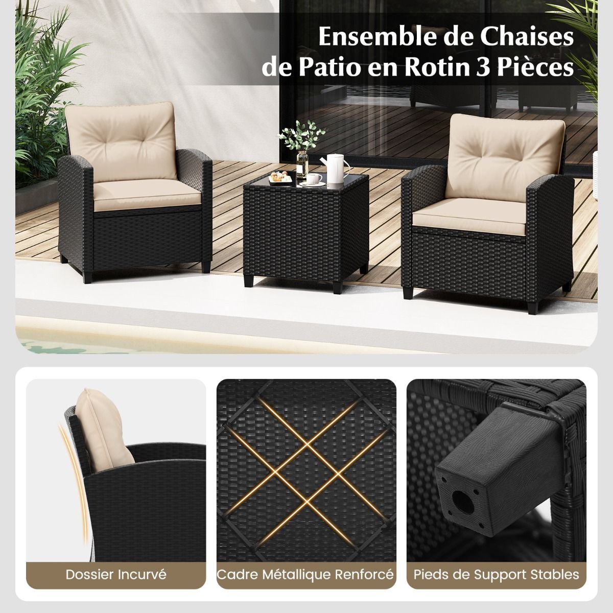 Ensemble de Meubles 3 Pices de Patio en Rotin Charge 180KG Salon de Jardin 2 Fauteuils Table Basse avec Plateau Noir/Beige/Blanc -