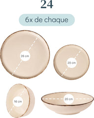 Ensemble Vaisselle en Grès 6 Personnes Rustique 24 pièces - Service de Table Rustique, Lavable au Lave-Vaisselle - Ensemble de Bols et Assiettes - Vaisselle de Table Pure Living en beige