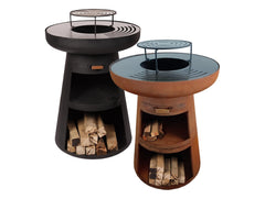 Barbecue rond avec plaque ronde en acier et grille en acier corten -