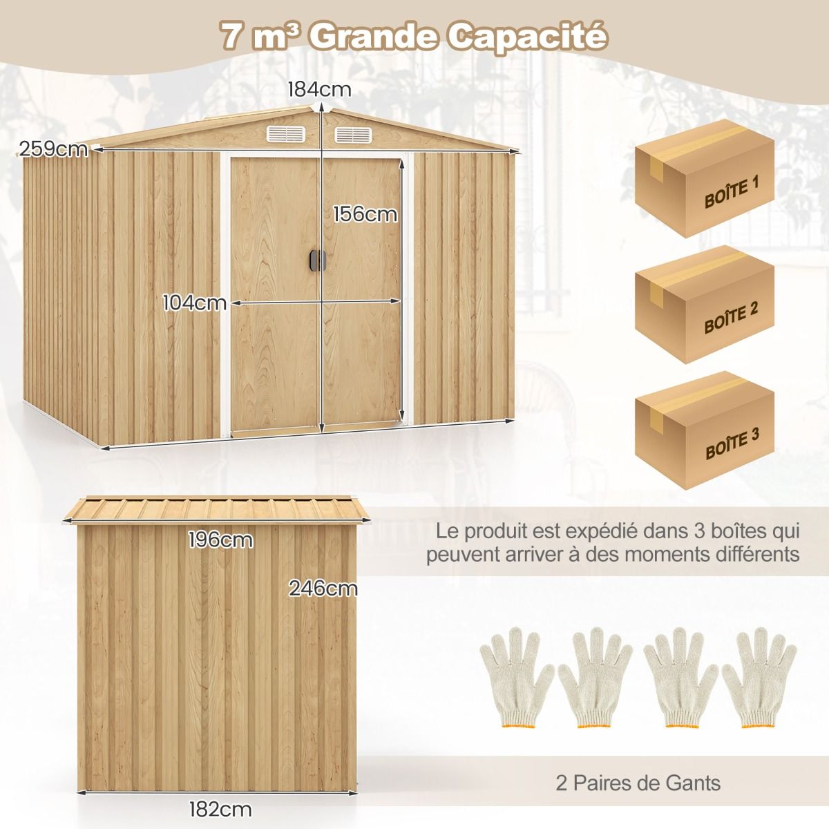 Abri de Rangement 259cm x196cm avec Base de Fondation Maison  Outils en Mtal Galvanis avec 4 Arations Impermable et Coupe-vent Naturel -