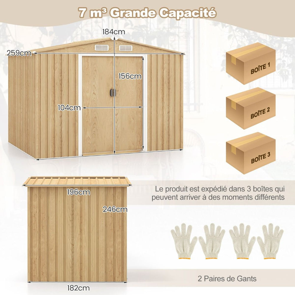 Abri de Rangement 259cm x196cm avec Base de Fondation Maison  Outils en Mtal Galvanis avec 4 Arations Impermable et Coupe-vent Naturel -