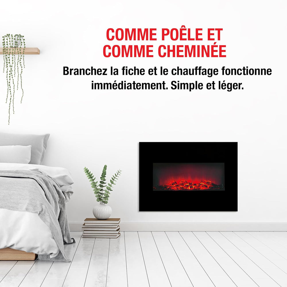 Classic Fire Cheminée Electrique Memphis - Cheminee Decorative 1800W - Cheminée Électrique avec Effet Flame, Chauffage, Télécommande et Minuterie - Fixation Murale - Noir