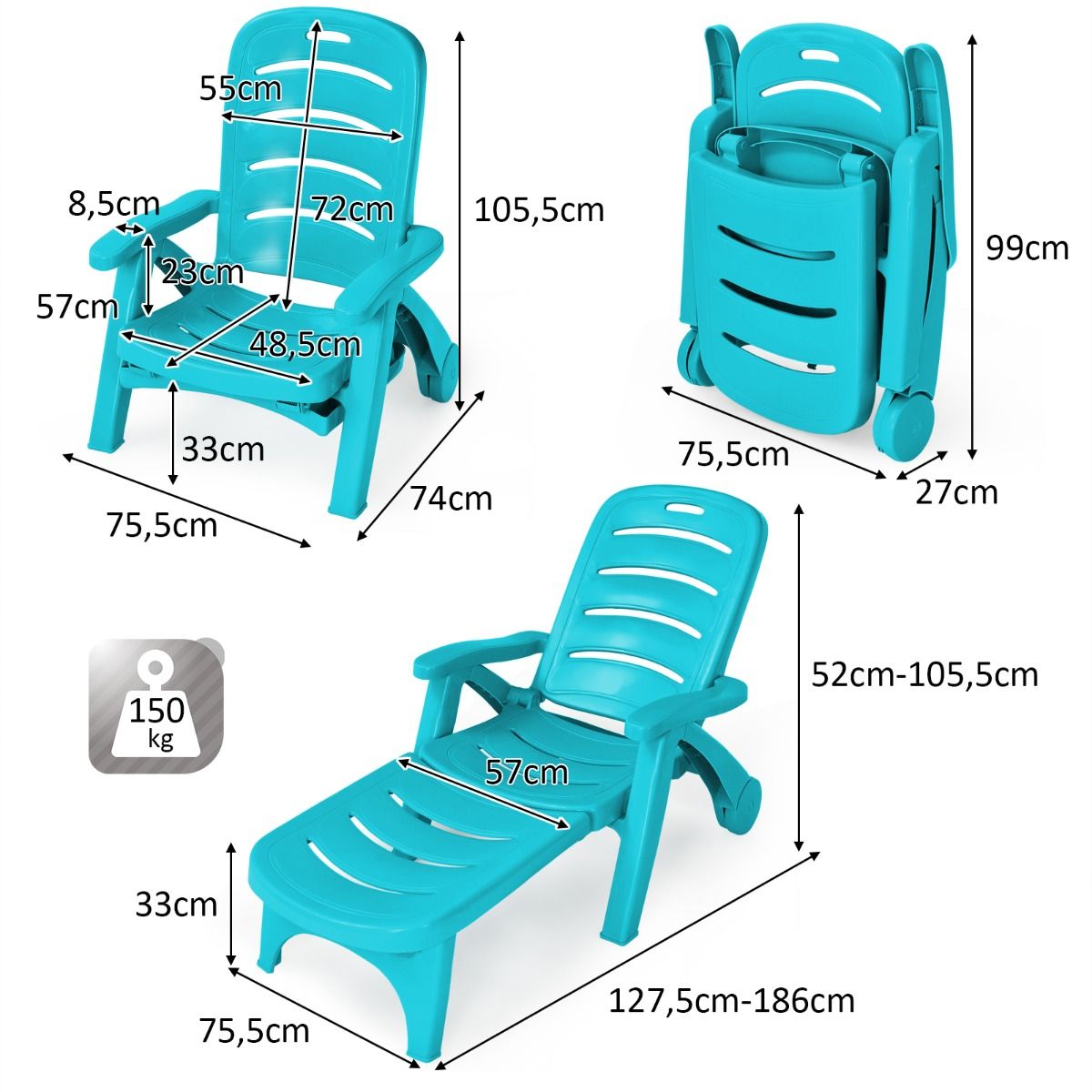 Chaise Longue Pliable Dossier Inclinable  5 Positions avec Roues Intgres pour Terrasse Jardin Piscine 150 kg Gris/Blanc/Bleu -