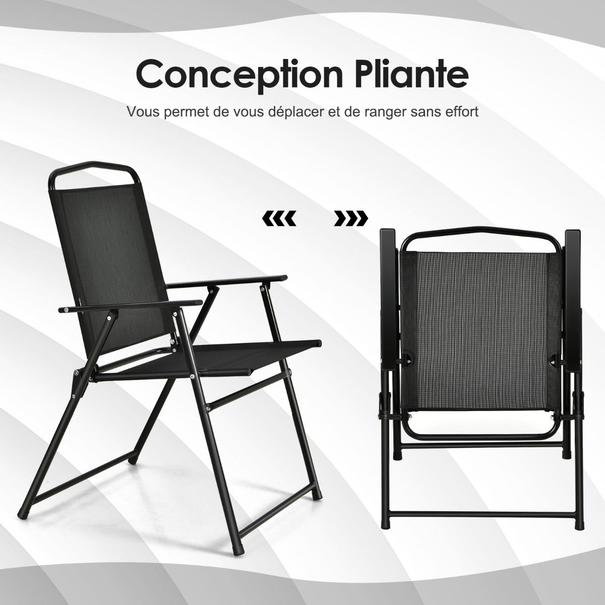 Ensemble Salon de Jardin 6 Pcs 4 Chaises Pliantes Table Basse en Verre et Parasol pour Terrasse Piscine Cour Noir -