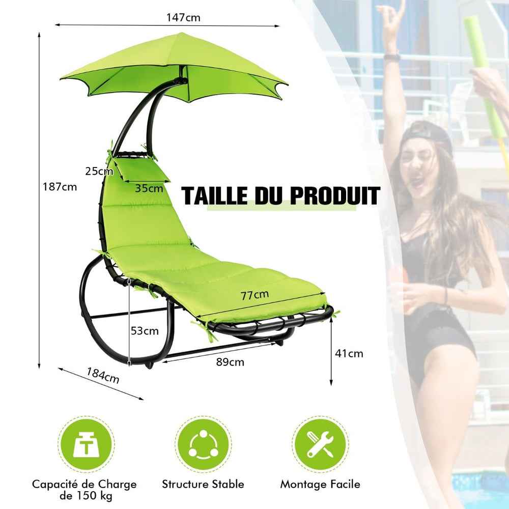 Bain de Soleil à Bascule Transat Suspendu avec Pare-Soleil & Coussin Hamac Charge 150KG 184 cm x 147 cm x 187 cm Vert -