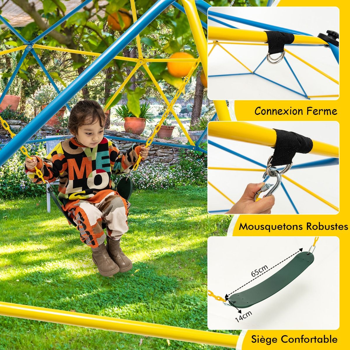 D么me d'Escalade de 305cm avec Balanoire Cage d'Escalade en Mtal Charge Max 363 kg Intrieur Extrieur pour Enfants de 3-10 Ans Jaune/Rouge -