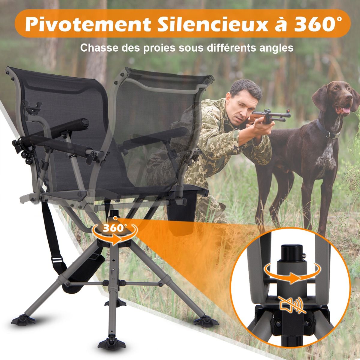 Chaise de Chasse Portable Chaise de Tir avec Siège de Pliable Réglables Rotation à 360° Support de Fusil Réglable Charge 150 kg Noir -