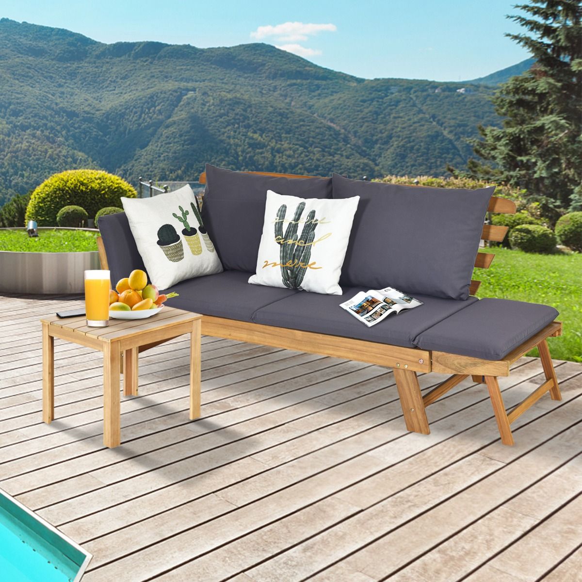 Chaise Longue Convertible avec Coussin Canapé de Jardin 2 en 1 en Bois d’Acacia avec Accoudoir Réglable pour Patio Piscine Jardin Blanc/Gris/Bleu/Rouge -