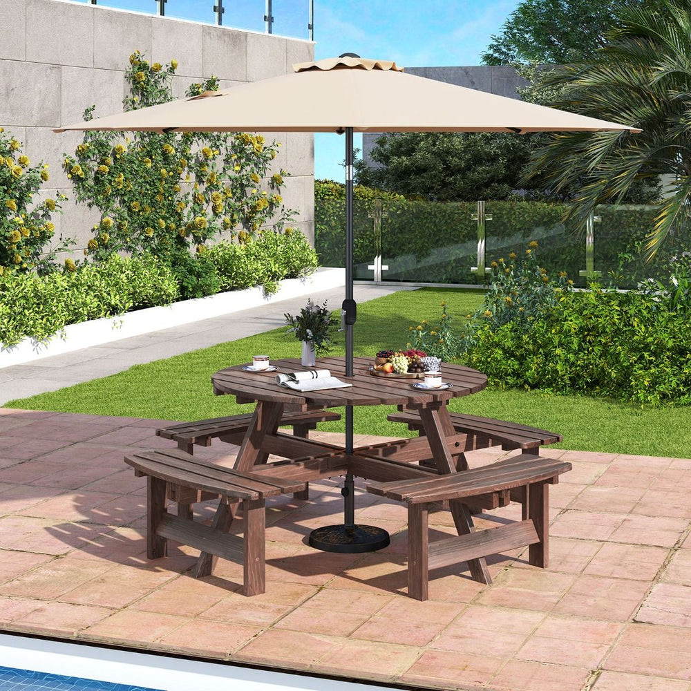 Ensemble Table de Pique-Nique en Bois pour 2 à 8 Personnes Set Table et Banc Circulaire avec 4 Bancs Intégrés Trou de Parasol de 5cm Marron/Jaune -