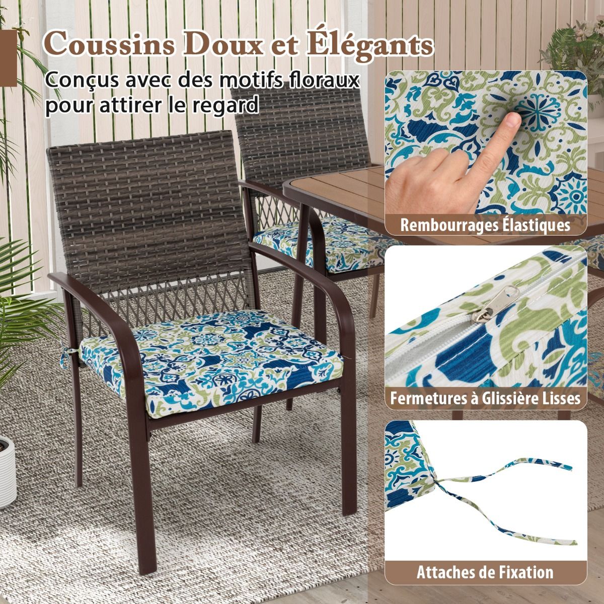 Ensemble de Meubles de Patio 5 Pièces Salon de Jardin 4 Fauteuils en Rotin avec Coussins et Table Carrée avec Trou pour Parasol -