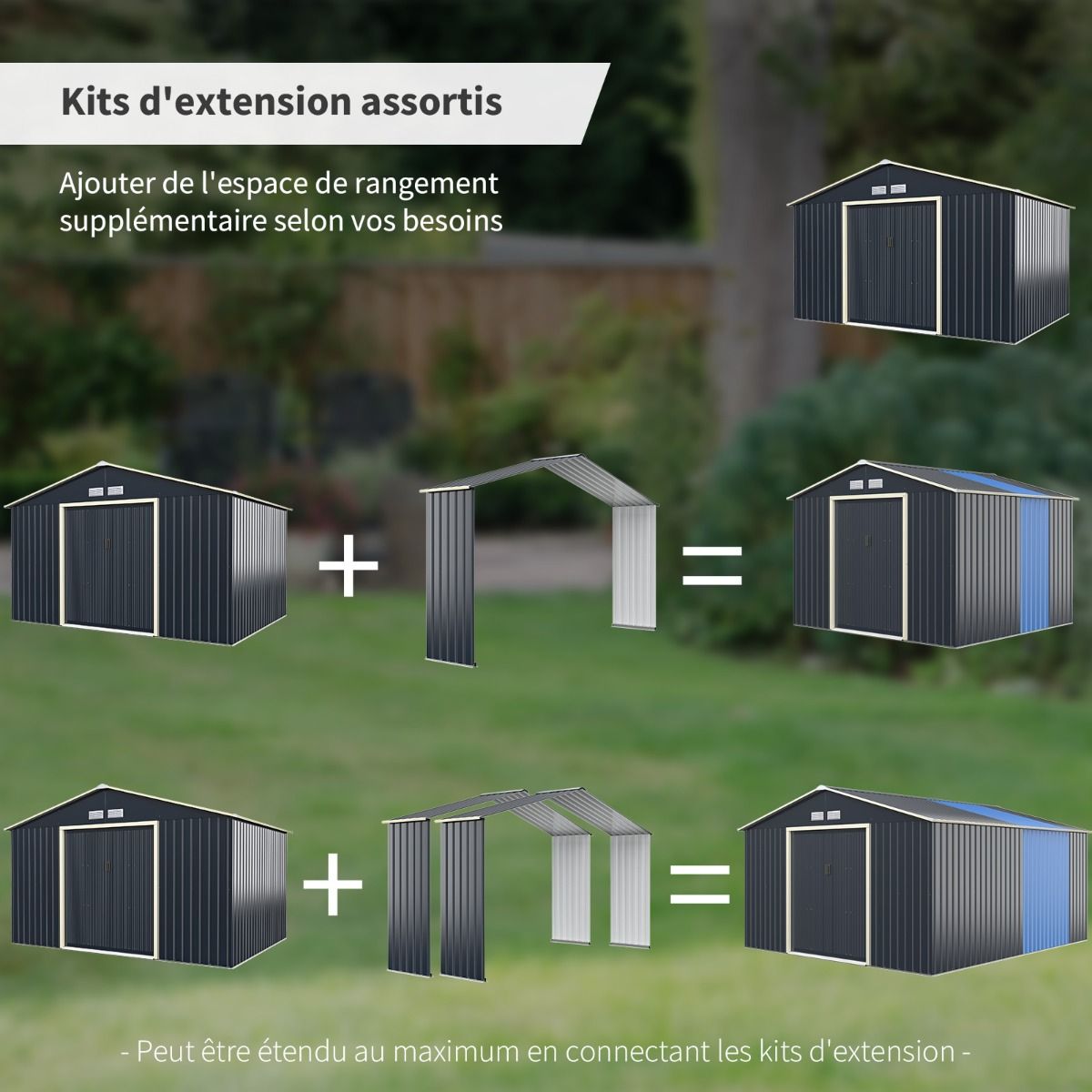 Abri de Jardin en Métal & Extension 10.85avec 2 Portes Coulissantes Verrouillables 4 Trous d’Aération Gris pour Vélo -