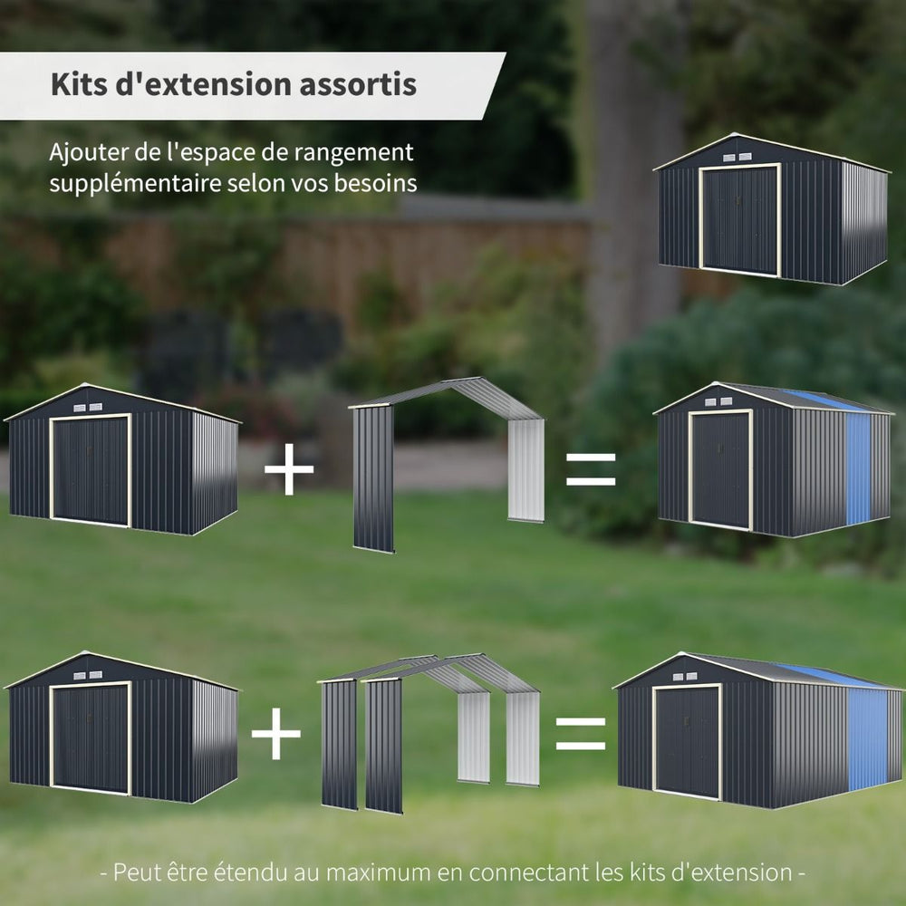 Abri de Jardin en Métal & Extension 10.85avec 2 Portes Coulissantes Verrouillables 4 Trous d’Aération Gris pour Vélo -
