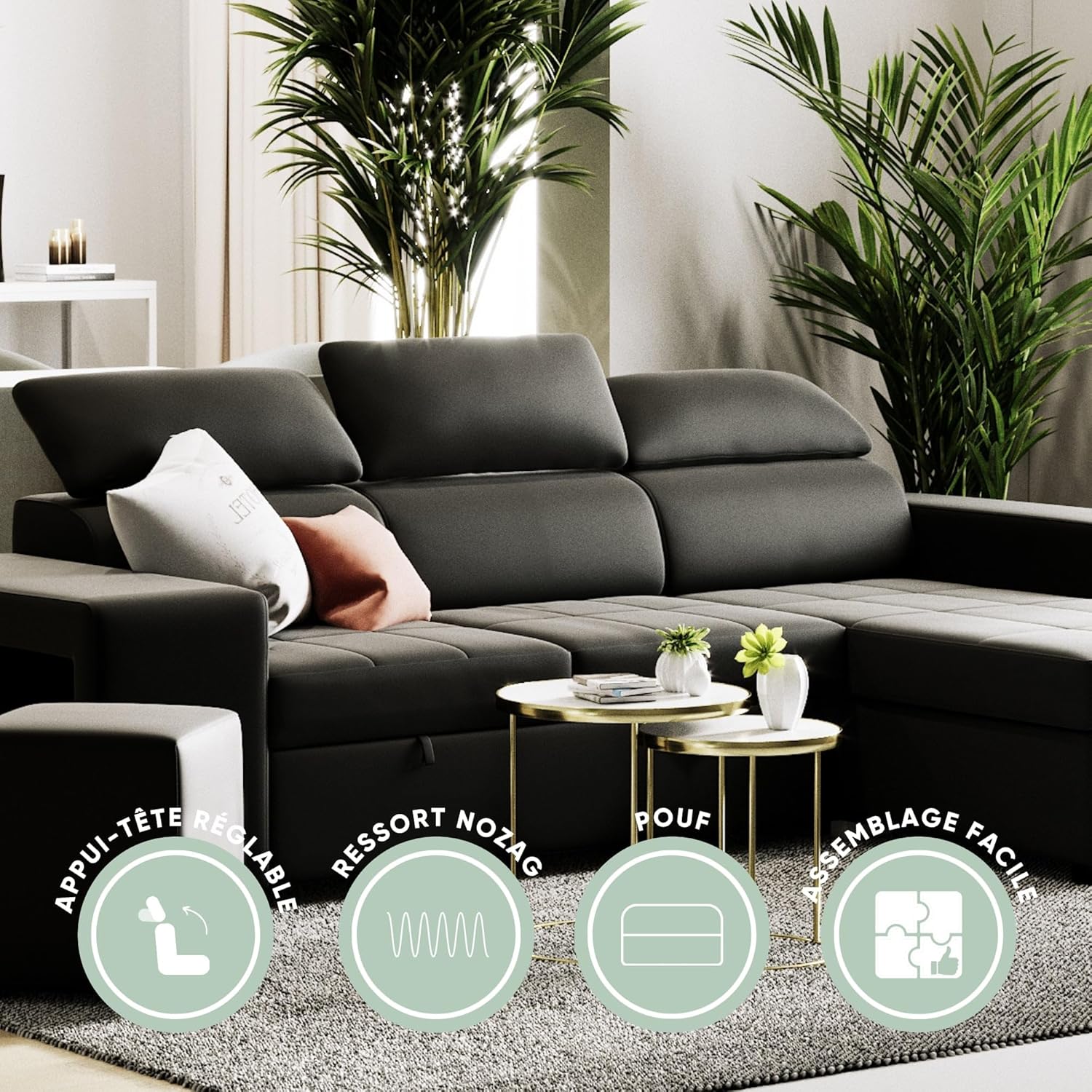 BUDWING John Canapé-Lit d’Angle 4 Places – Chaise Longue Réversible, Têtières Réglables et 2 Poufs – Revêtement en Polyuréthane – Style Moderne – 263x161x96 cm – Noir