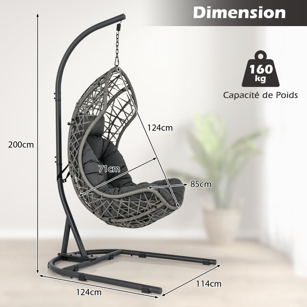 Chaise Oeuf en Rotin PE avec Support avec Oreiller et Coussin Chaise Suspendue avec Accessoires de Suspension Capacité 160 Kg Gris -
