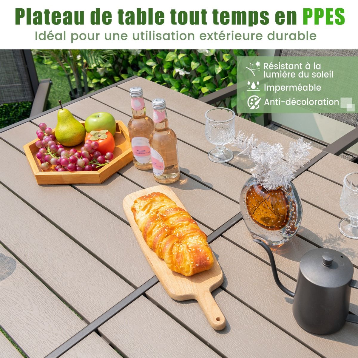 Ensemble de Meubles de Patio 7 Pièces pour 6 Personnes Salon de Jardin avec 6 Chaises Empilables et Table Rectangulaire Gris -