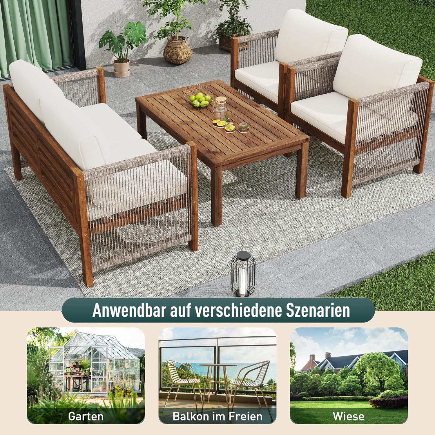Salon de Jardin,Salon de Jardin 4 Personnes,avec canapé,Table Basse et Coussins,Housse en Tissu déhoussable et Lavable,Noir (Coussins d'assise Inclus)