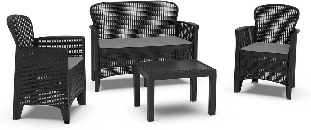 Dmora - Set salon d'extérieur Ostuni, Salon de jardin composé de 2 fauteuils, 1 canapé et 1 table basse, salon effet rotin avec coussins, 100% Made in Italy, Anthracite