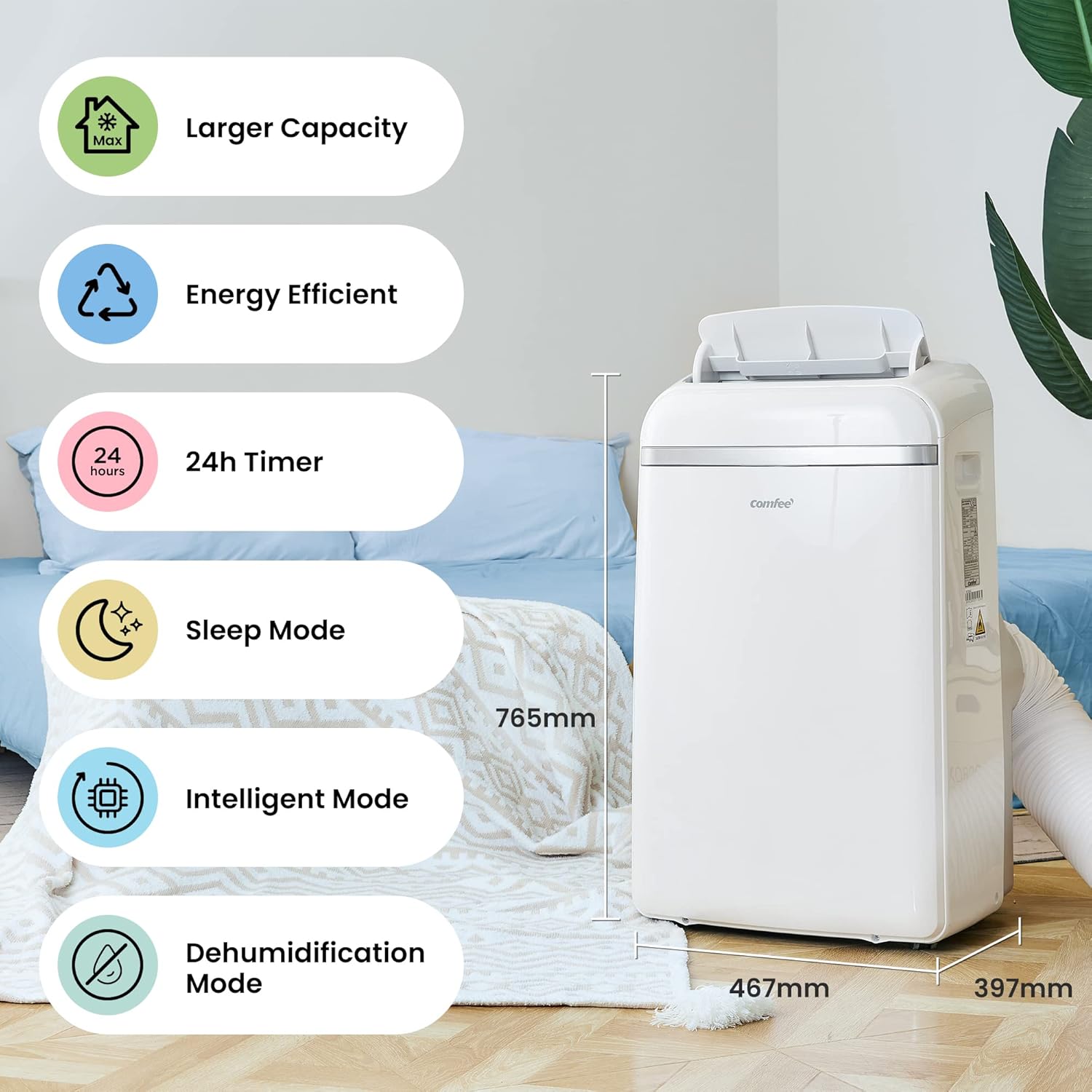 COMFEE' Climatiseur Mobile 12000 BTU/H 3,5 kW, 3 Modes, Fonction Follow Me, Télécommande, pour grandes pièces de 43㎡/117m³, Kit d'évacution inclus, Réfrigérant naturel, PAC 12000