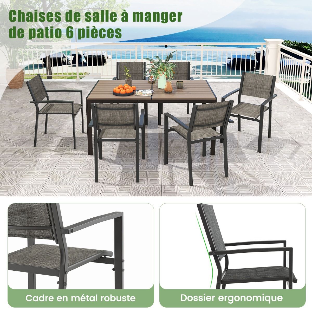 Ensemble de Meubles de Patio 7 Pièces pour 6 Personnes Salon de Jardin avec 6 Chaises Empilables et Table Rectangulaire Gris -