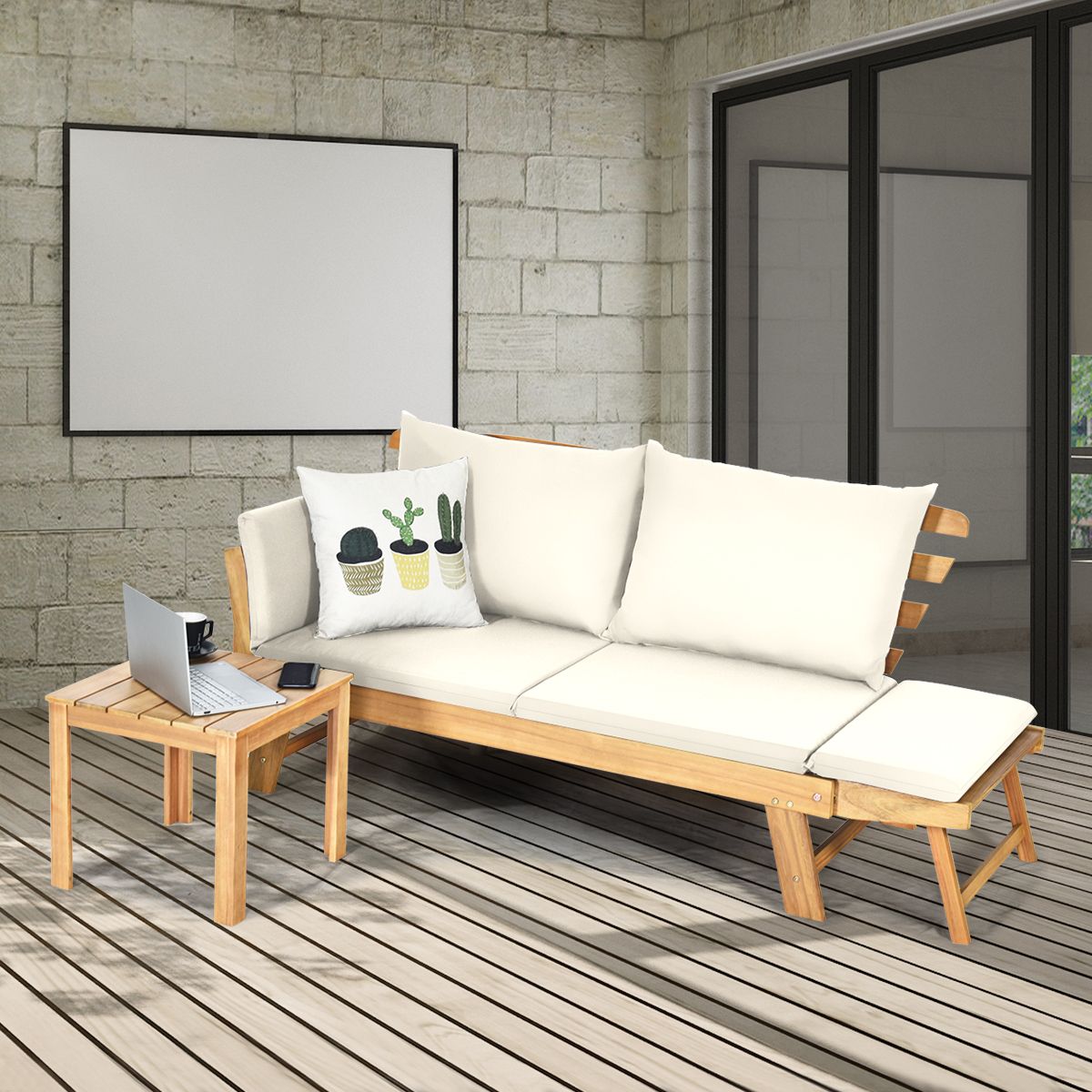 Chaise Longue Convertible avec Coussin Canapé de Jardin 2 en 1 en Bois d’Acacia avec Accoudoir Réglable pour Patio Piscine Jardin Blanc/Gris/Bleu/Rouge -