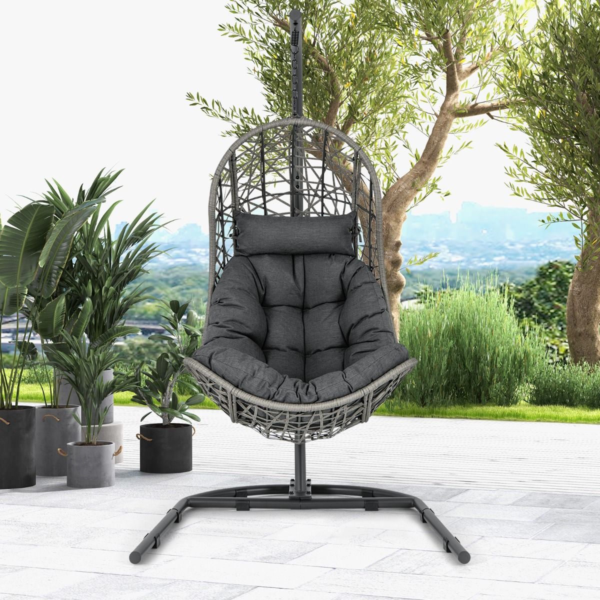 Chaise Oeuf en Rotin PE avec Support avec Oreiller et Coussin Chaise Suspendue avec Accessoires de Suspension Capacité 160 Kg Gris -