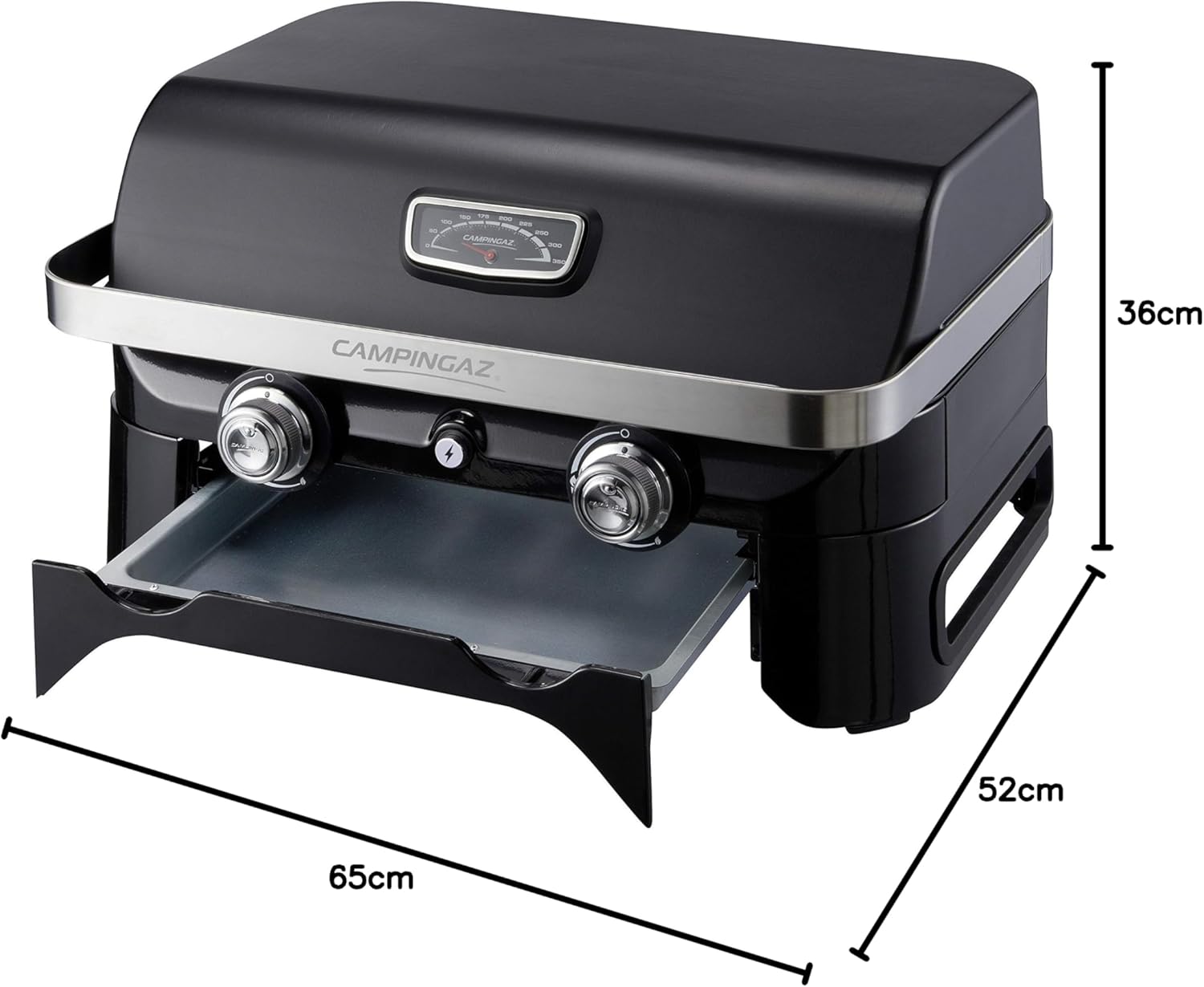 Attitude2go,Barbecue de Table à Faible fumée,BBQ Portable,à Couvercle,thermomètre,et Grille en Fonte,Alimentation : Cartouche de gaz CV 470 Plus,Gris