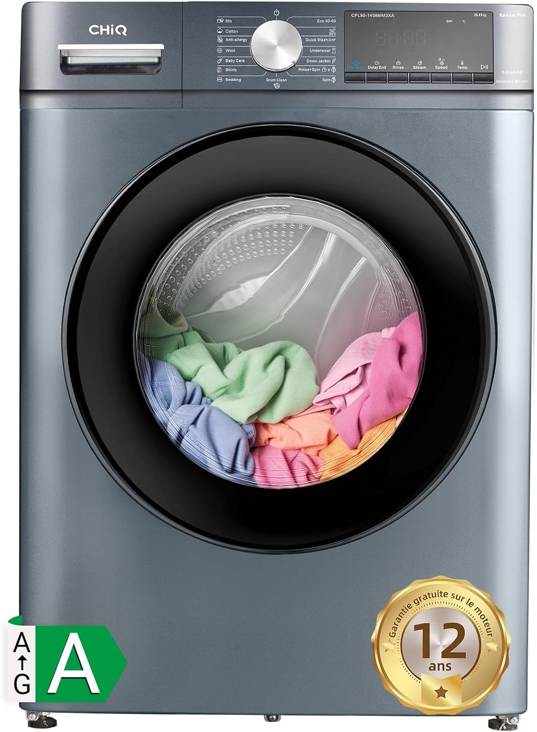 CHiQ Lave-linge CFL80-14586IM3XA, Chargement frontal 8 kg,Space Pro,Moteur Inverter stable, 1400 tr/min, Programme intelligent à IA, Fonction vapeur, Lavage rapide 15 minutes, 15 cycles lavage, Gris
