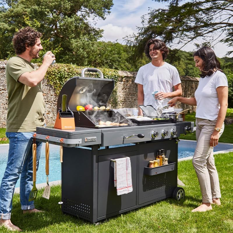 BRASERO - Barbecue Bi-Energy Gun Metal XL - Barbecue Charbon et Plancha 60 x 42 cm à gaz avec brûleur latéral -12,95 KW