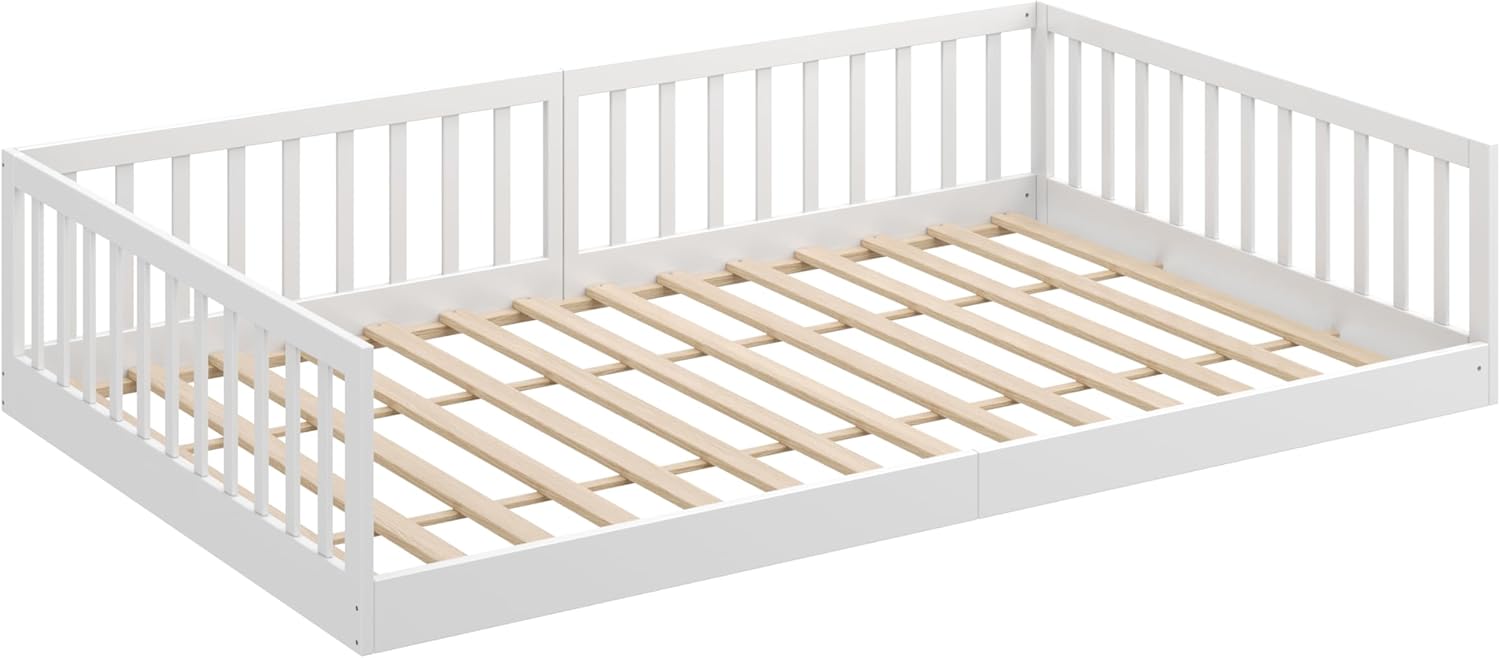 CADANI Timi 2en1 Lit au Sol 120x200 cm Lit Enfant Montessori avec Barrière de Sécurité et Sommier à Lattes, Bois Massif Pin, Blanc, 3 Variantes de Construction, Transformable
