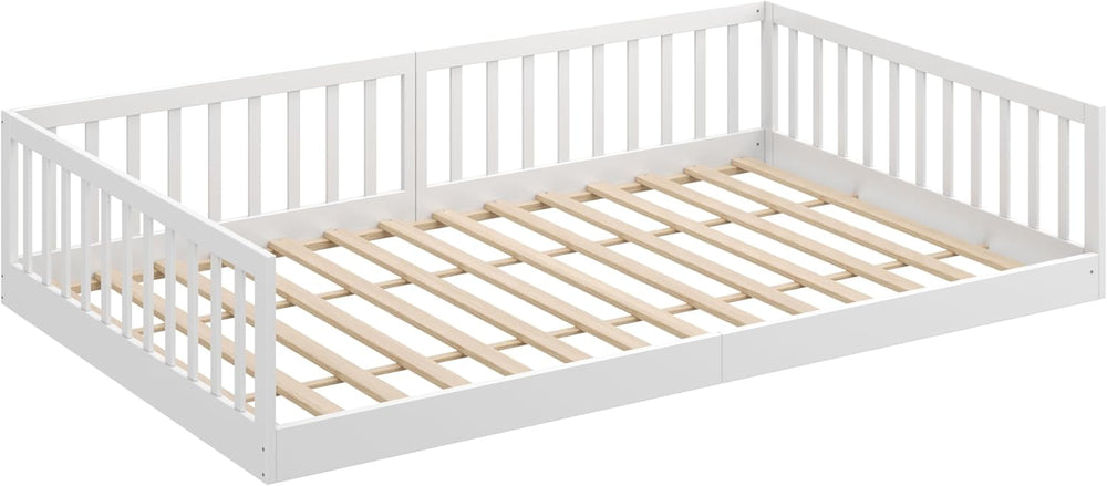 CADANI Timi 2en1 Lit au Sol 120x200 cm Lit Enfant Montessori avec Barrière de Sécurité et Sommier à Lattes, Bois Massif Pin, Blanc, 3 Variantes de Construction, Transformable