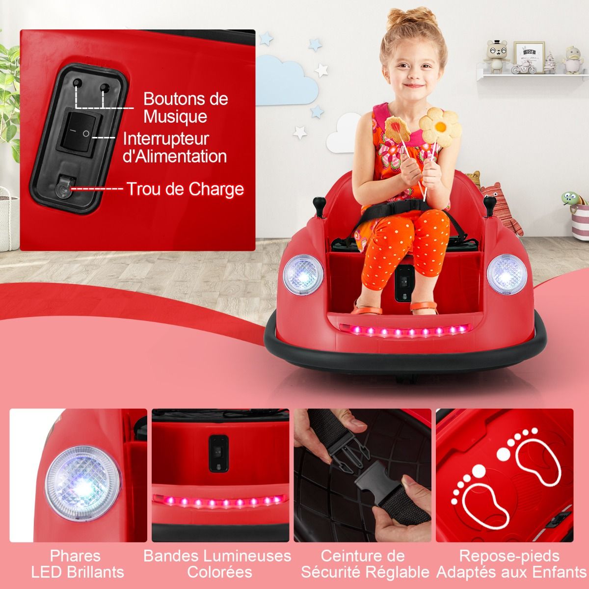 Auto-tamponneuse Electrique 12V pour Enfants Alimentée par Batterie Télécommande Lumières LED Musique pour les 2-5 Ans Rose/Rouge/Bleu -