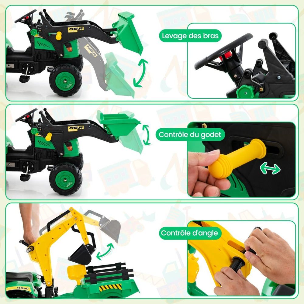 3 en 1 Tracteur pour Enfant avec 6 Roues Jouet Pelle Remorque Amovible avec Volant Klaxon 3  6 Ans Jaune/Vert -