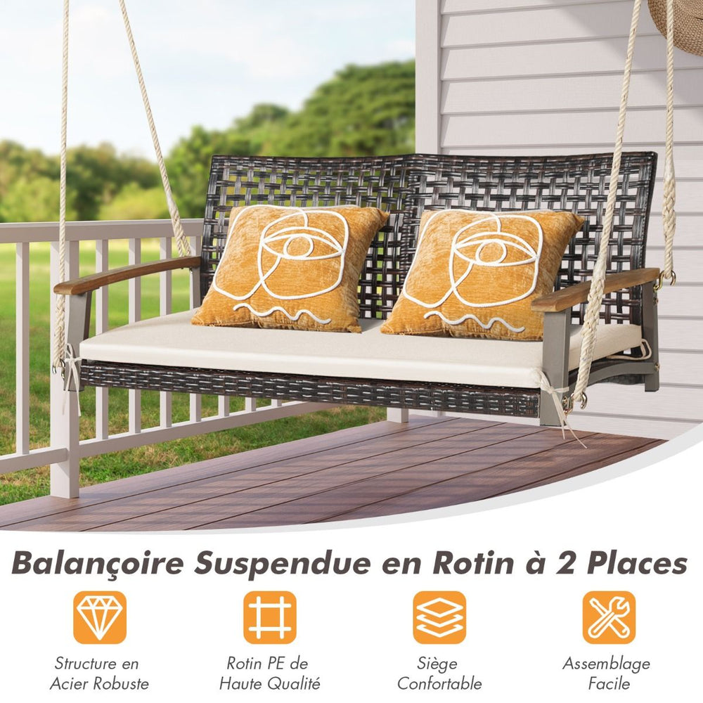 Banc Suspendu de Jardin en Rotin 2 Place Accoudoirs en Bois d'Acacia Cadre en Métal Coussin Cordes Crochets Blanc/Noir -