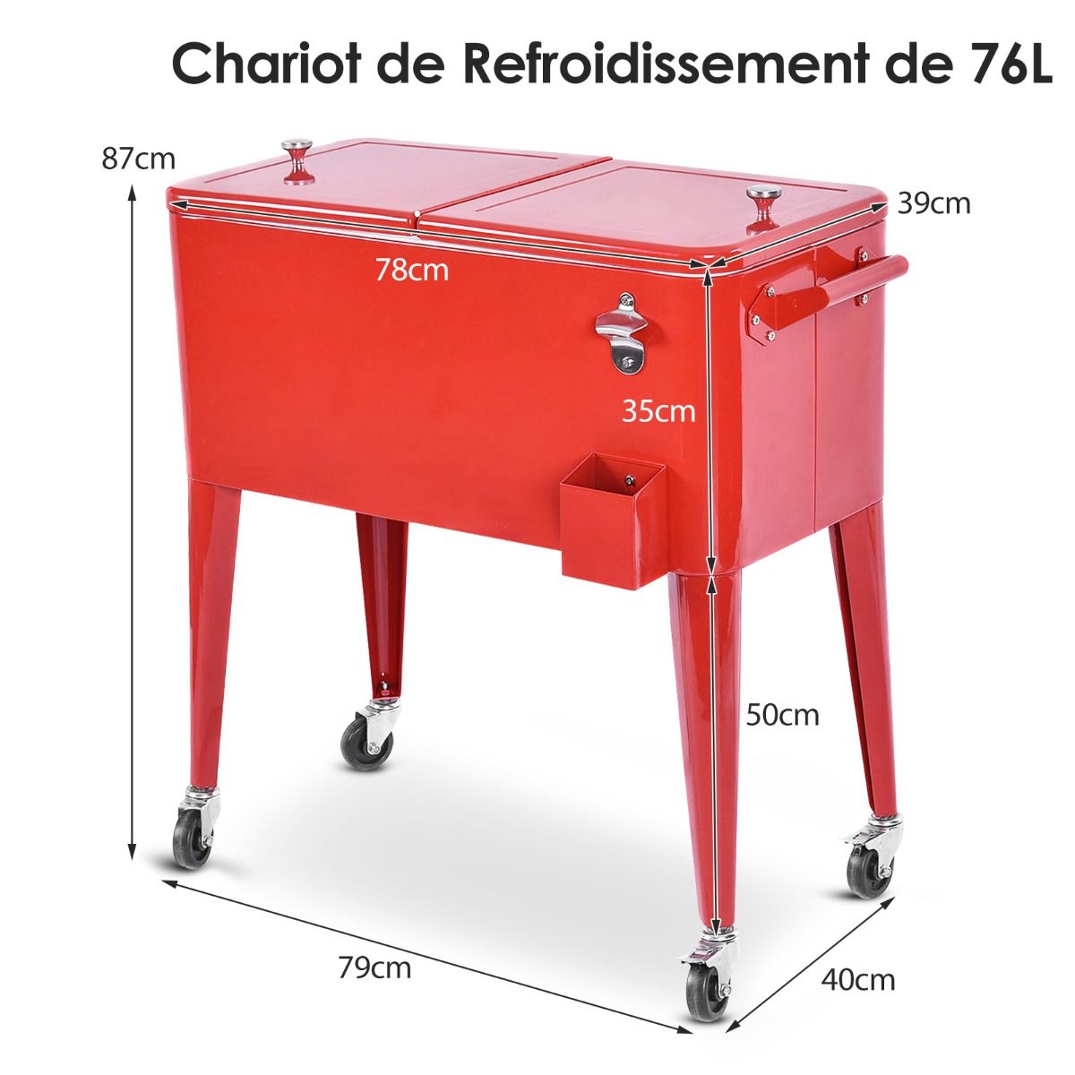 Chariot Isotherme Roulant de 76L Réfrigérant avec Roulettes Universelles Ouvre-bouteille Desserte Jardin pour Conserver Glace et Boissons -