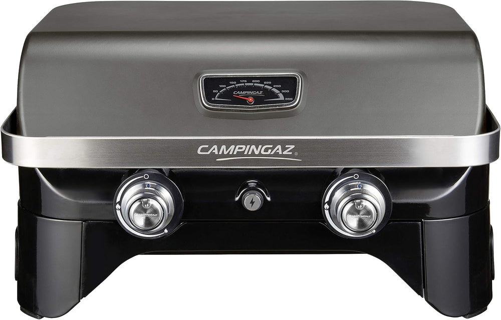 Attitude2go,Barbecue de Table à Faible fumée,BBQ Portable,à Couvercle,thermomètre,et Grille en Fonte,Alimentation : Cartouche de gaz CV 470 Plus,Gris