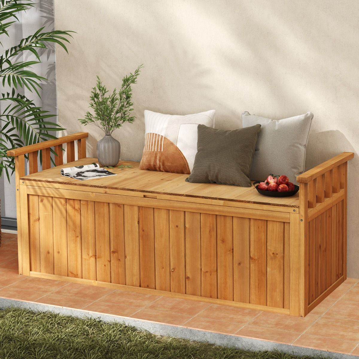 Banc de Rangement en Bois Banc d'Extérieur à 2 Places de 209 L avec Accoudoirs Coffre de Stockage en Bois Charge 100KG Naturel -
