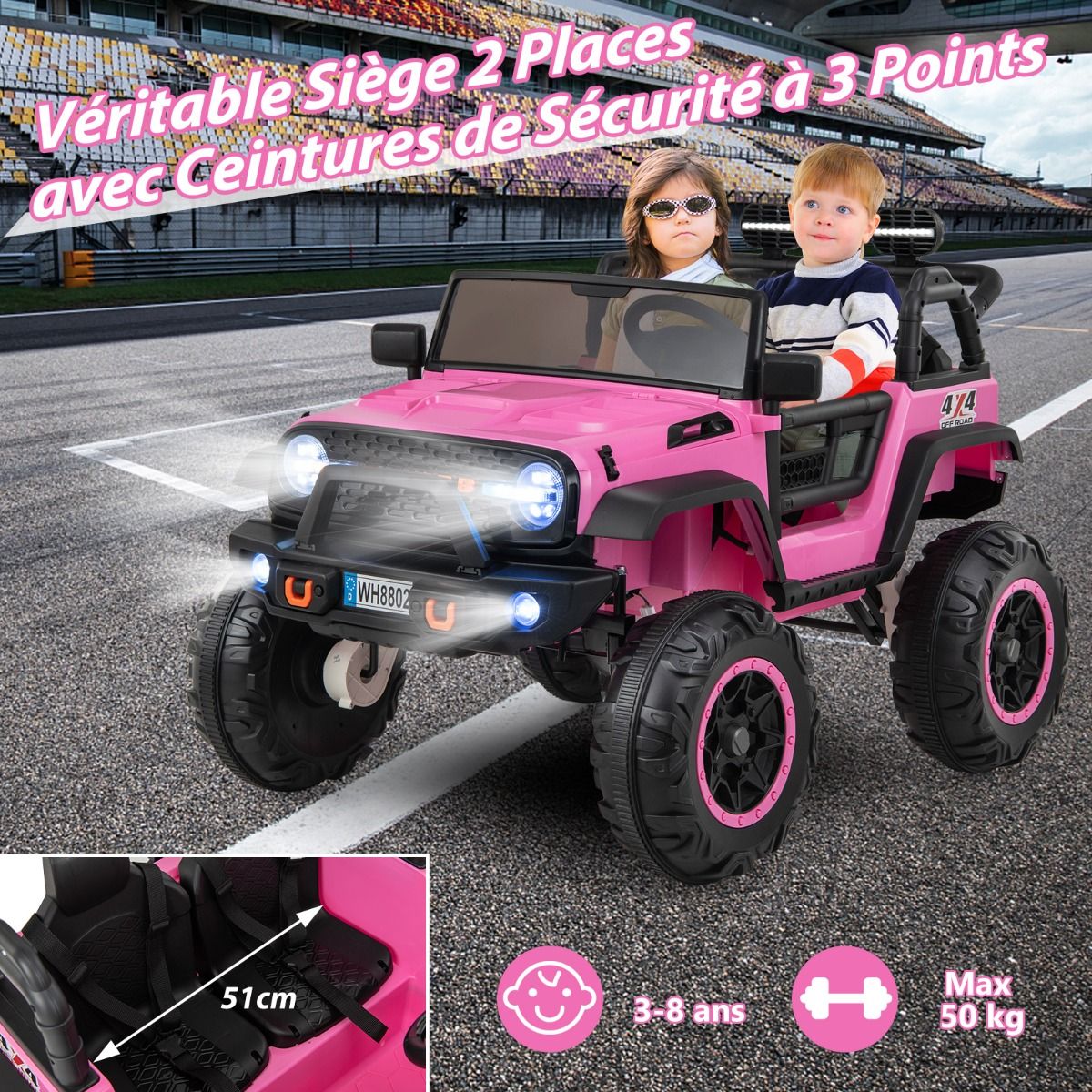 Voiture lectrique 24v pour Enfants 2 Places Tlcommande Musique Histoire Klaxon Usb Fonction de Dmarrage Lent Suspensions  Ressort Blanc/Noir/Rose/Violet -
