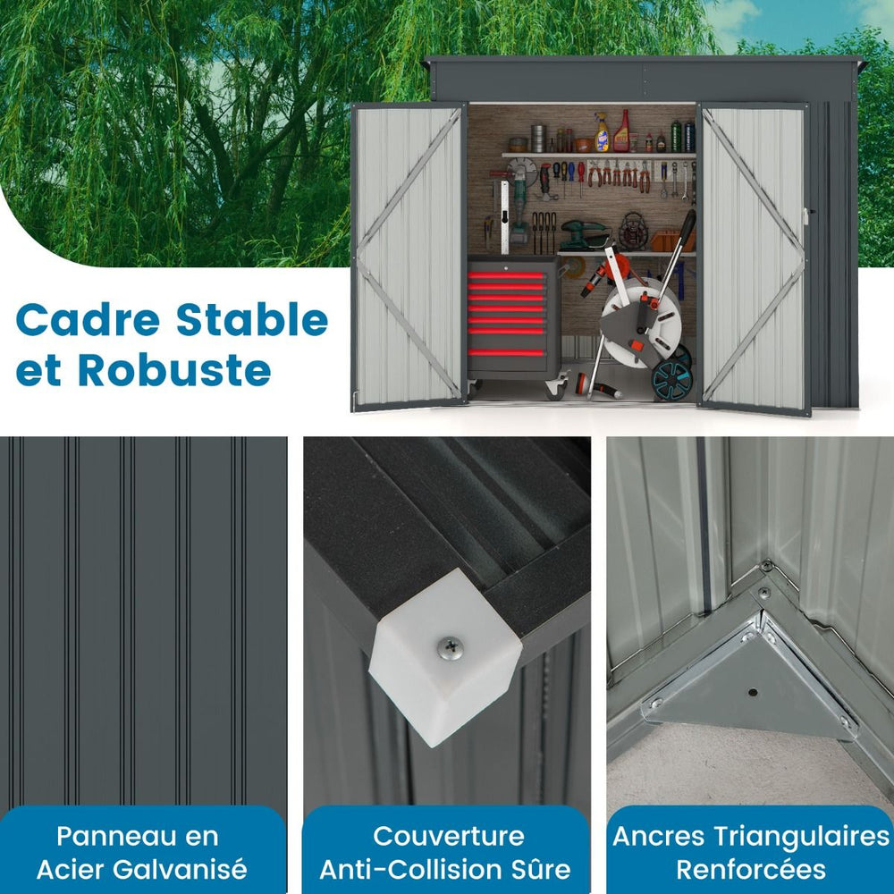 Abri de Jardin Extérieur Abri à Outils de Jardin avec 2 Portes Design Incliné Aérations Cadre en Métal Galvanisé 235x117x185cm Gris Foncé -