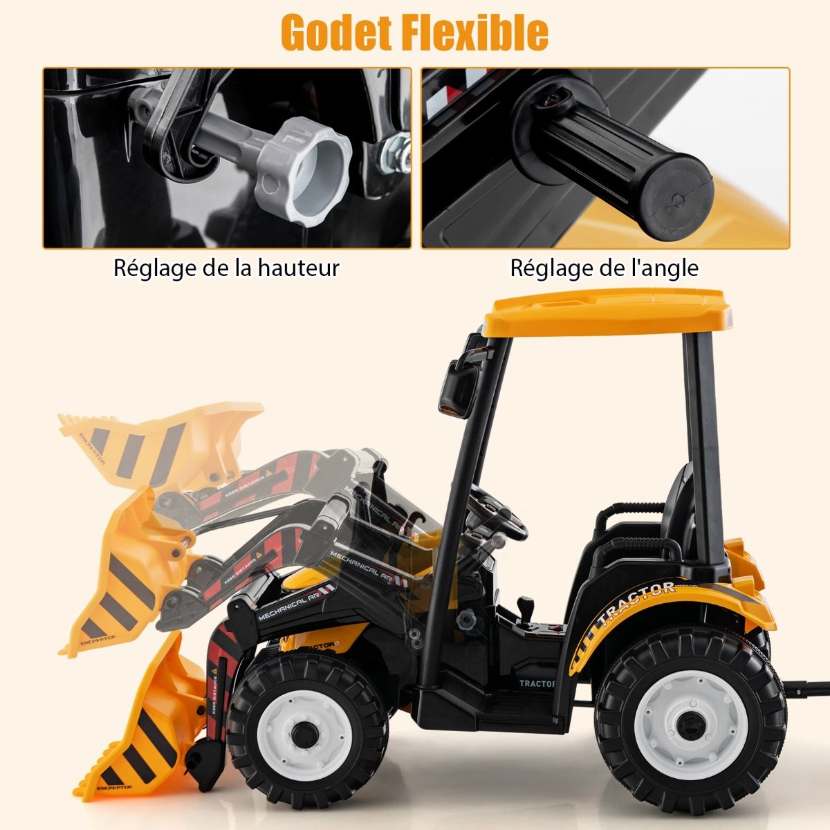 12V Tracteur lectrique Enfants avec Pelle&Remorque Amovible Vhicule lectrique  6 Roues avec Tlcommande & Musique 3-6 km/h pour 3-8 Ans Jaune/Vert -