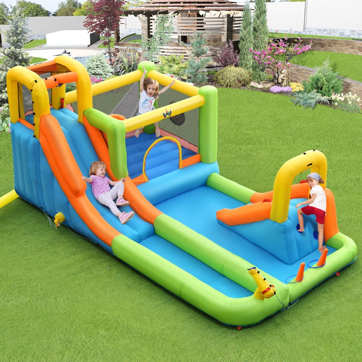 Château Gonflable 8 en 1 avec 2 Toboggans Parc Aquatique avec Maison de Saut Charge 135kg pour 3 Enfants de 3-10 Ans -