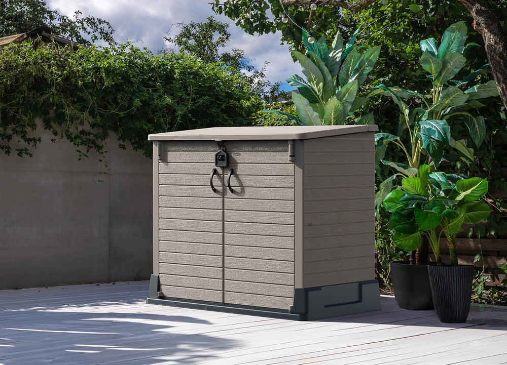 Duramax StoreAway 1200L Plastic Garden Shed/ Flat Lid,Outdoor Storage Shed,Wheelie Bin Hideaways,Wheelie bin box,Durable Construction,Ideal for Bikes,BBQs & 2x 240L Bins,145x85x125 cm,Brown